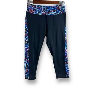 LuLaRoe Women's S Jordan Crop‎ Active Leggings Black Abstract Blue Track Stripe